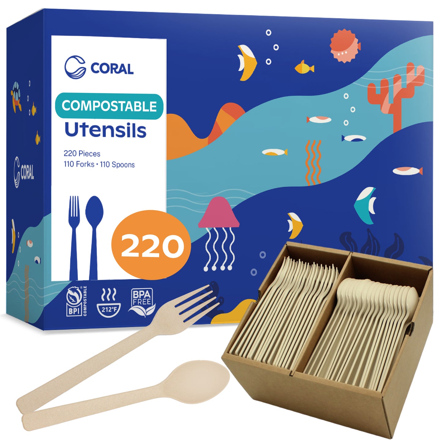CORAL Light Brown 100% Compostable Spoons & Forks Set - 220 Pieces - No Plastic Utensil 110 Forks, 110 Soup Spoons - Break Resistant with Smooth Edges, Ocean Friendly Alternative to Plastic Silverware for Parties, Weddings, Picnics, BBQs, Camping