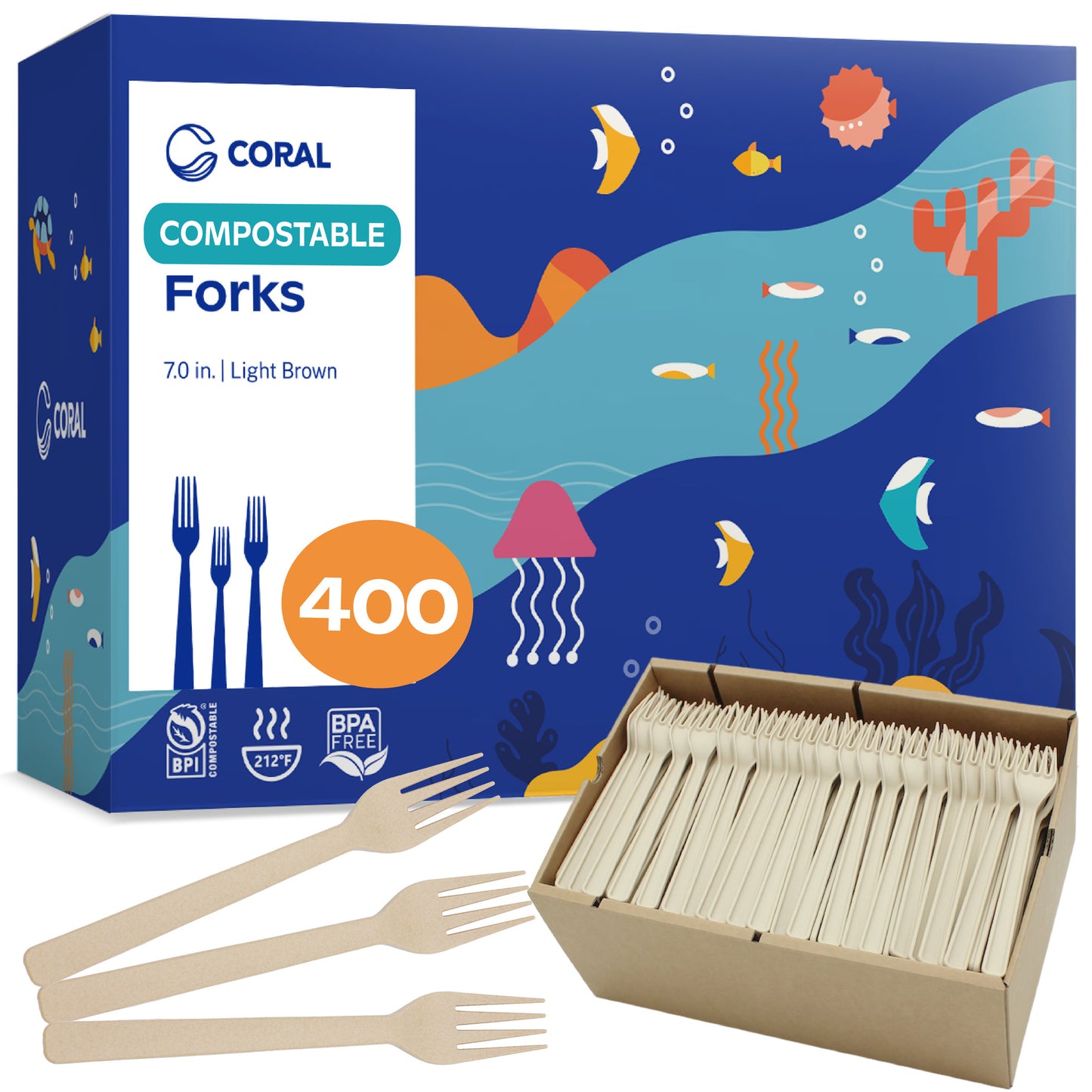 CORAL Light Brown 100% Compostable Forks - 400 Heavy Duty Forks (7.0 inch) - Break Resistant with Smooth Edges, Ocean Friendly Alternative to Plastic Silverware - Biodegradable & Disposable Forks for Parties, Weddings, Picnics, BBQs, Camping