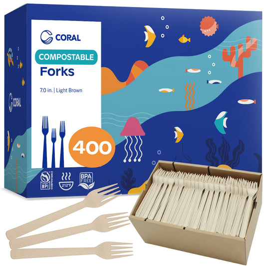 CORAL Light Brown 100% Compostable Forks - 400 Heavy Duty Forks (7.0 inch) - Break Resistant with Smooth Edges, Ocean Friendly Alternative to Plastic Silverware - Biodegradable & Disposable Forks for Parties, Weddings, Picnics, BBQs, Camping