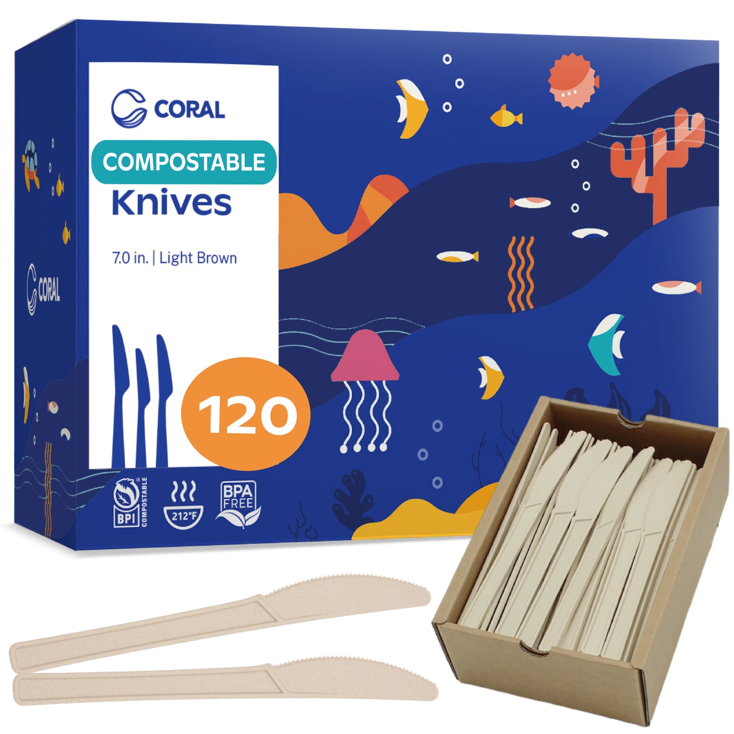 CORAL Light Brown 100% Compostable Knives - 120 Heavy Duty No Plastic Knives (7.0 inch) - Break Resistant with Smooth Edges, Ocean Friendly Alternative to Plastic Silverware - Biodegradable & Disposable Knives for Parties, Weddings, Picnics, BBQs, Camping