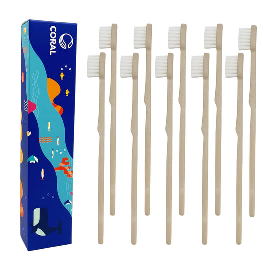CORAL Bamboo Toothbrushes - Medium - 100% Plant-Based Bamboo-Fiber Composite, Durable & Splinter Free, Fine BPA Free Bristles, 10 Individually Packaged Brushes - Adult