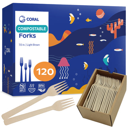 CORAL 100% Compostable Forks - 120 Heavy Duty Eco Forks (7.0 inch) - Break-Resistant with Smooth Edges, Eco-Friendly Alternative to Plastic Cutlery - Biodegradable & Disposable Forks for Parties