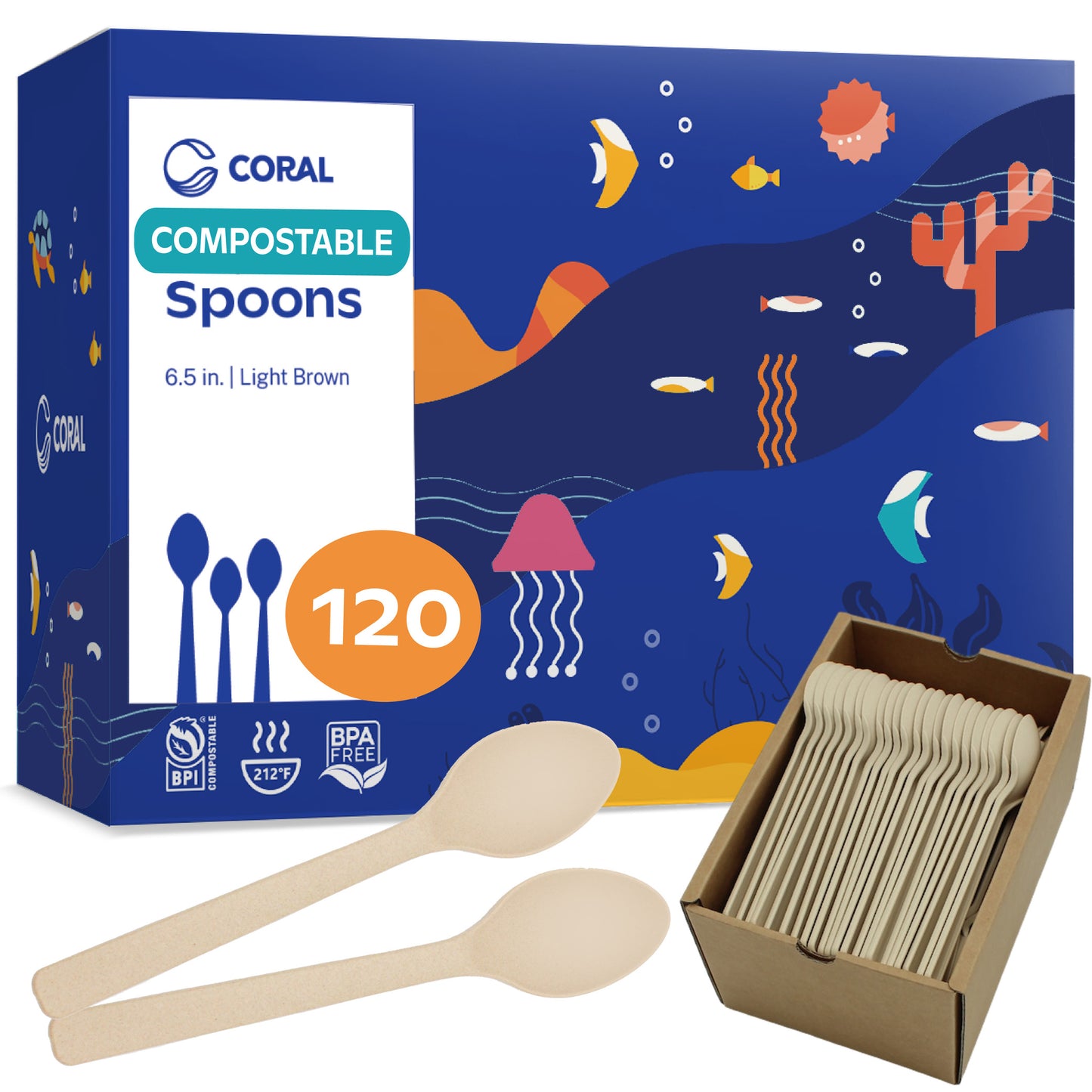 CORAL 100% Compostable Spoons - 120 Heavy Duty No Plastic Spoons (6.5 inch) - Break-Resistant with Smooth Edges, Eco-Friendly Alternative to Plastic Cutlery - Biodegradable & Disposable Spoons