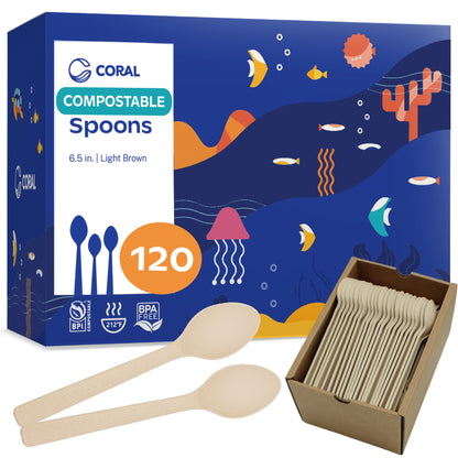 CORAL 100% Compostable Spoons - 120 Heavy Duty No Plastic Spoons (6.5 inch) - Break-Resistant with Smooth Edges, Eco-Friendly Alternative to Plastic Cutlery - Biodegradable & Disposable Spoons