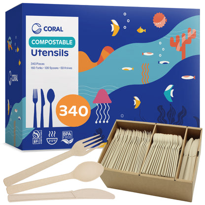 CORAL 100% Compostable Cutlery Set 340 Pieces - Heavy Duty 160 Forks, 120 Spoons, 60 Knives - Break-Resistant with Smooth Edges, Eco-Friendly Alternative to Plastic Utensils - Disposable Silverware