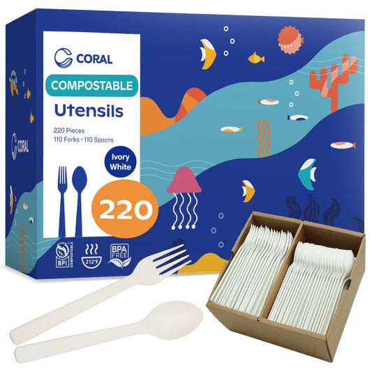 CORAL 100% compostable  Ivory white 110 forks 110 soup spoons 220 pieces set no plastic cutlery breakresistant smooth edges ecofriendly biodegradable utensils disposable silverware party wedding picnic bbq camping