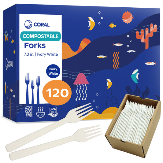 CORAL 100% compostable  Ivory white forks 120 heavy duty eco forks 7.0 inch durable smooth edges ecofriendly no plastic cutlery biodegradable disposable forks parties weddings picnics bbqs camping