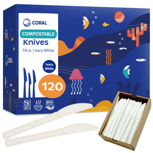 CORAL 100% compostable Ivory white knives 120 heavy duty knives 7.0 inch durable smooth edges ecofriendly no plastic silverware biodegradable disposable knives party wedding picnic bbq camping