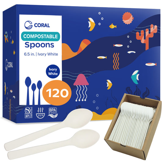 CORAL 100% compostable Ivory white soup spoons 120 heavy duty 6.5 inch durable smooth edges ecofriendly no plastic cutlery biodegradable disposable spoons party wedding picnic bbq camping